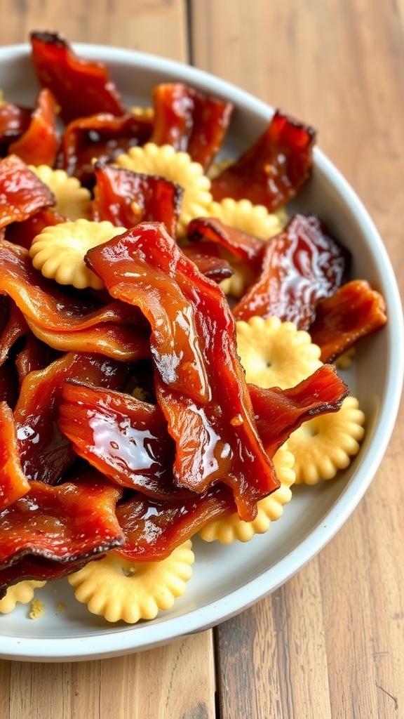 A platter of sweet and savory candied bacon crackers with crispy bacon on crunchy crackers.